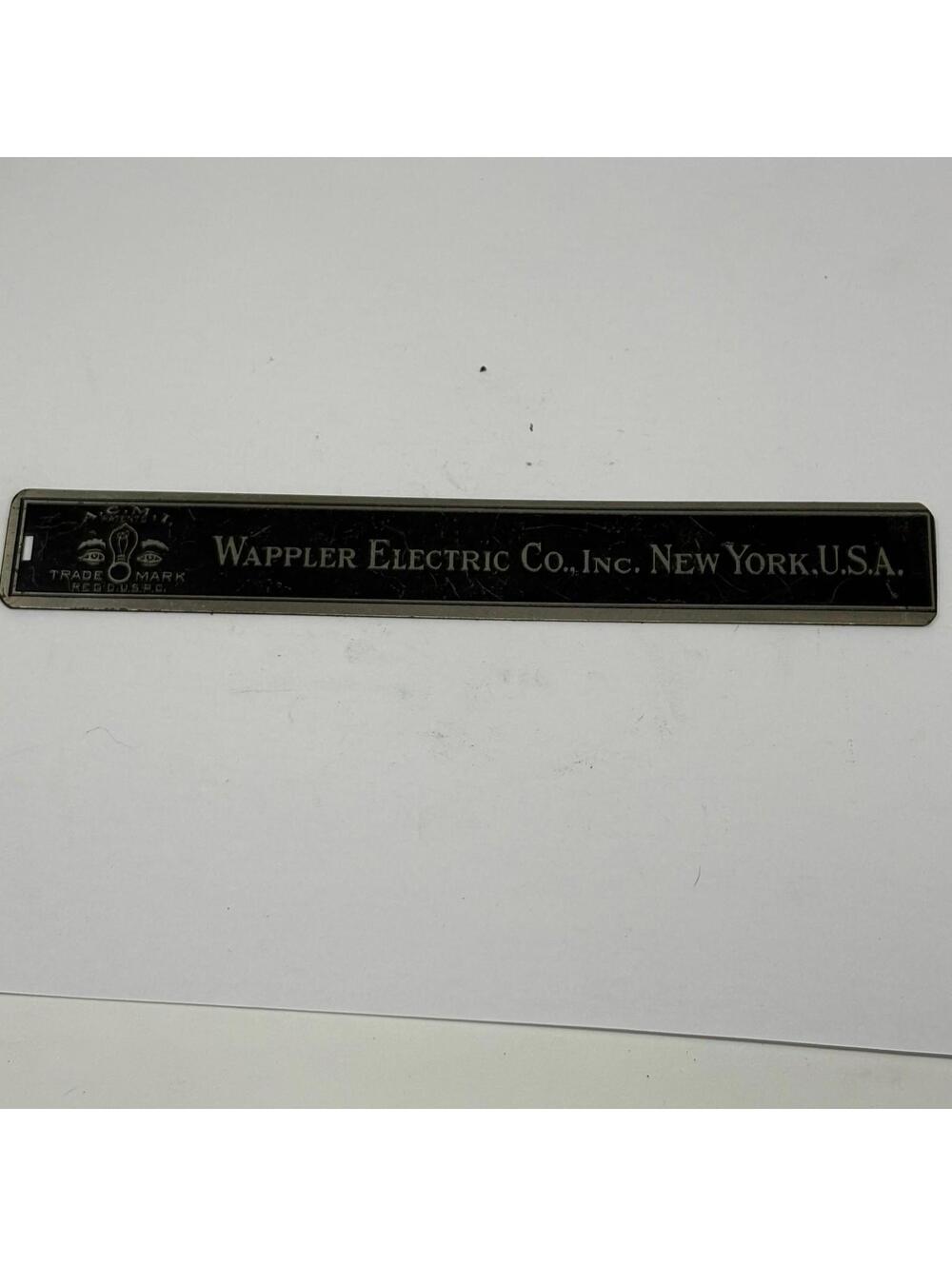 Vintage Wappler Electric Co. Inc. New York USA Brass Nameplate Sign Plaque